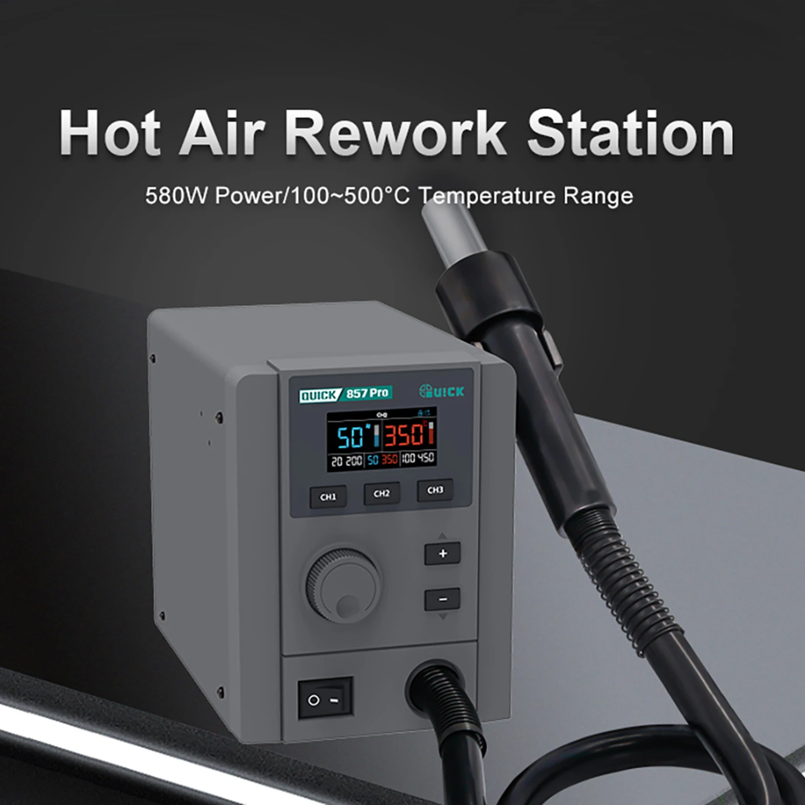 

QUICK 857 Pro 580 Вт Цифровая паяльная станция с горячим воздухом Умная паяльная станция с 3 насадками для ремонта печатных плат телефона
