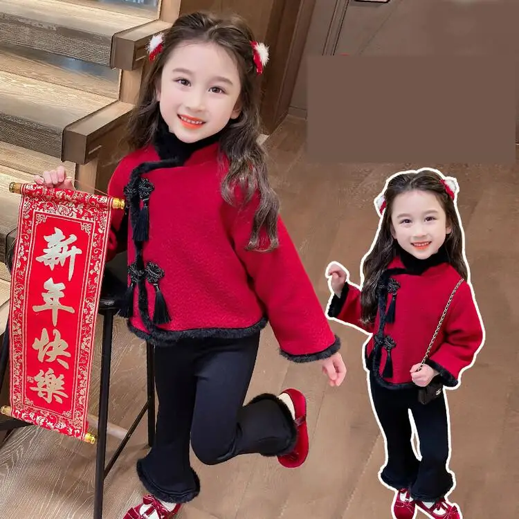 Girls Hanfu Set 2023 New Winter Women's Baby Tang Costume Chinese Year Worship Velvet Thickened Two Piece Red Long Sleeved Pants