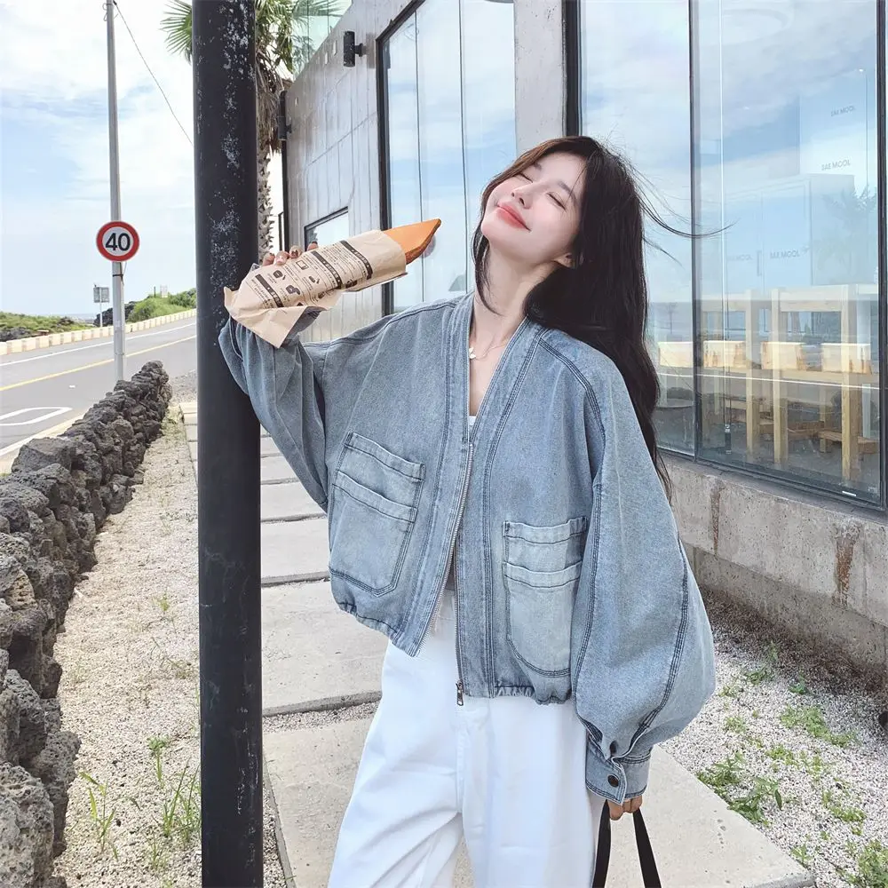 

Korean style Women Casual V-Neck Denim Jacket Spring Autumn New Denim Coat Top
