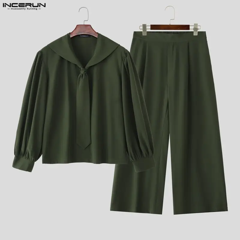 INCERUN Men Sets Solid Oversize Navy Collar Long Sleeve Shirt & Pants Two Pieces Sets Streetwear Loose 2025 Fashion Men Suits