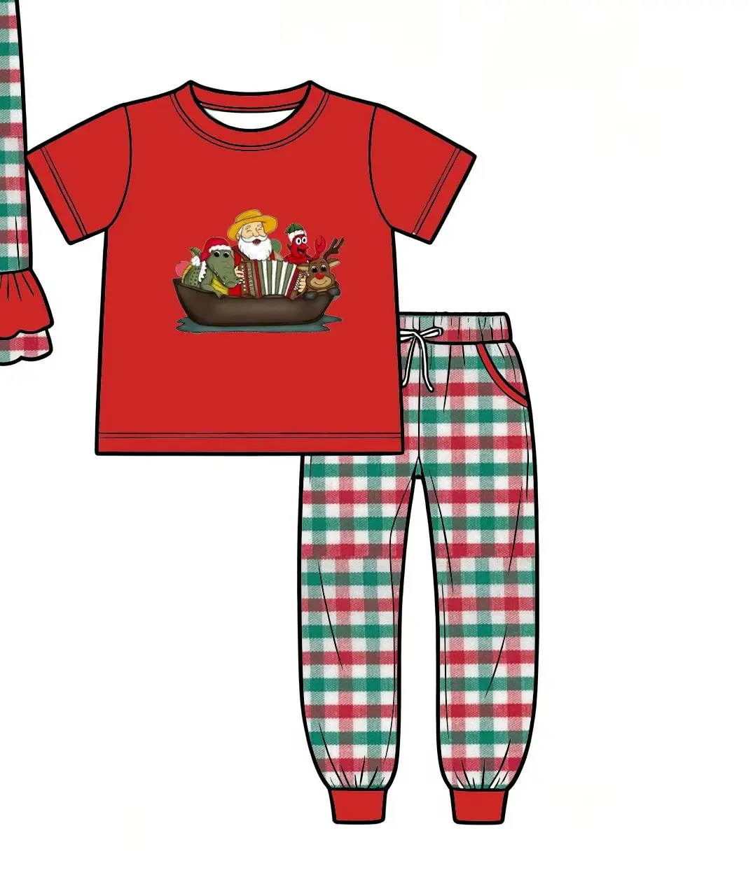 Boutique Toddler Kids Santa & Friends Boat Print Christmas Outfit Boys Girls Red Top & Gingham Pants Sets