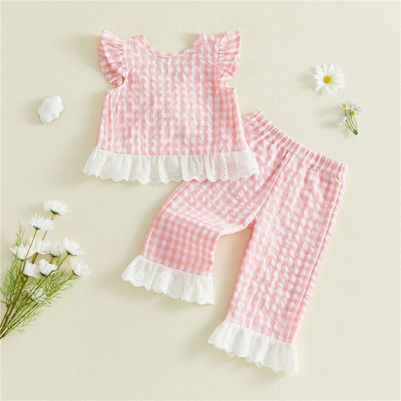 

Летняя одежда для маленьких девочек, топы с рукавами-крылышками и круглым вырезом, с клетчатым принтом, комплект одежды с брюками на резинке
