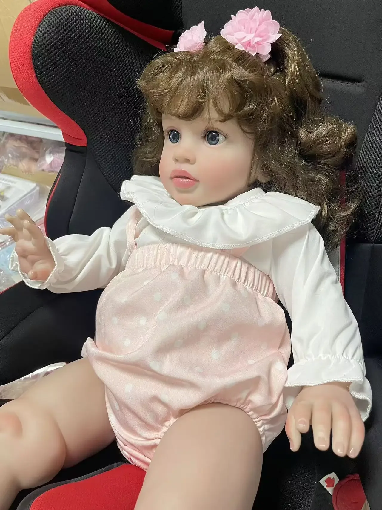 25Inch Multiple Layers Painting Reborn Pippa Doll Hand Root Hair Wearing White Long Sleeves and White Polka Dot Pink Overalls
