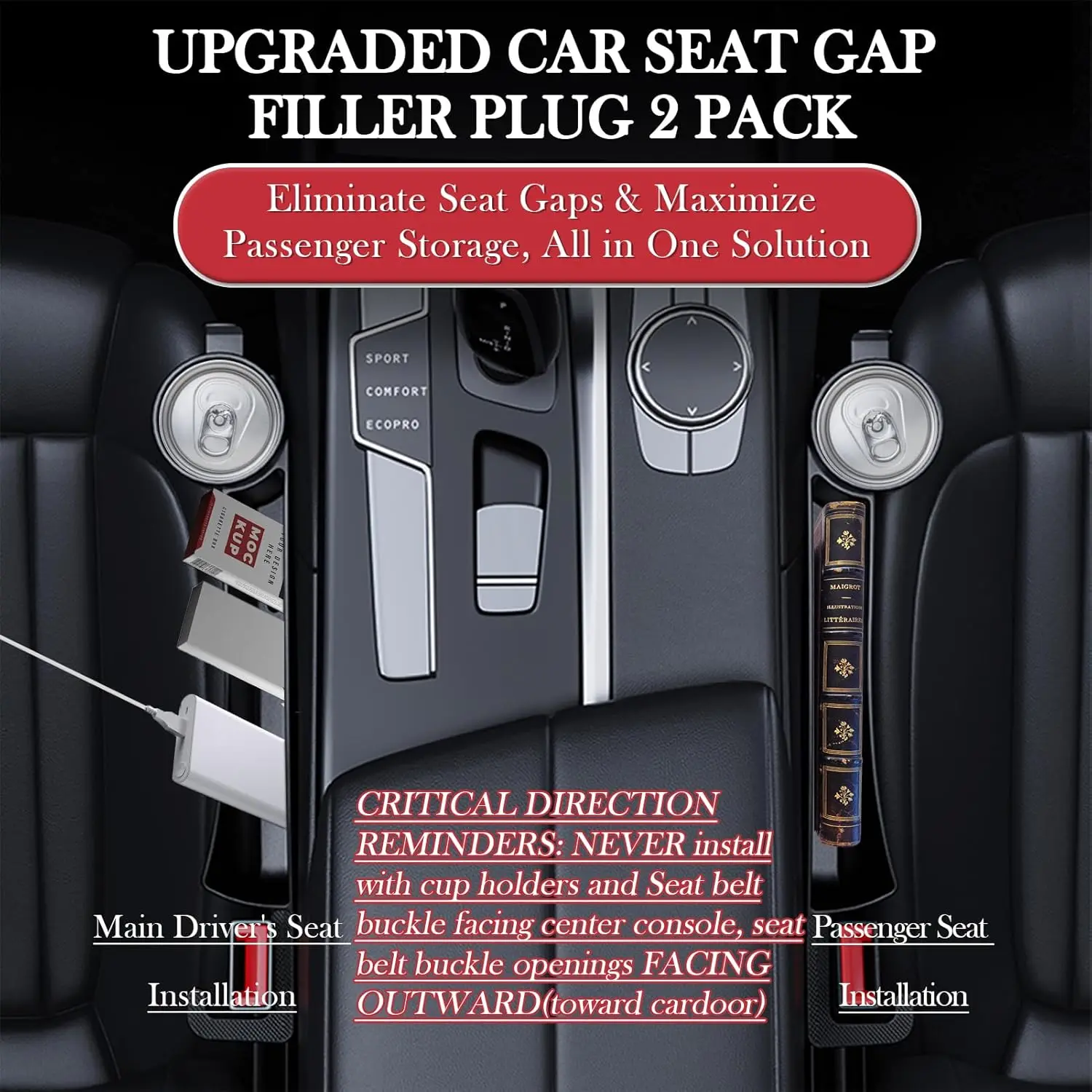 Car Seat Gap Filler Set of 2, Upgraded Car Side Seat Gap Fillers with Organizer, Cup Holder & Hook Function - view 2