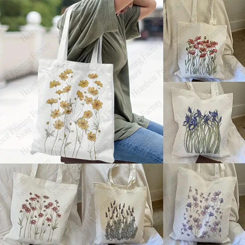 Floral Tote Bag Gift Flower Present Beach Sunflower Grocery Tote Plant Butterfly Cotton Cloth Shoulder Bag for Who Love Flowers