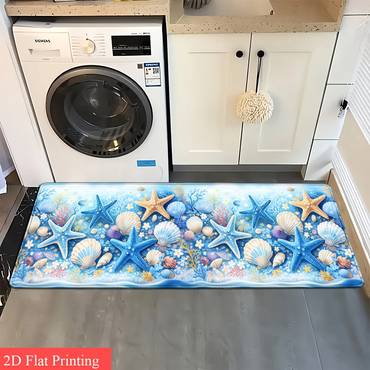 Summer Seabed Starfish Shell Floor Mat Non Slip Quick Dry Runner Blue Coral Marine Pattern Carpet Kitchen Counter Hall Wash Area