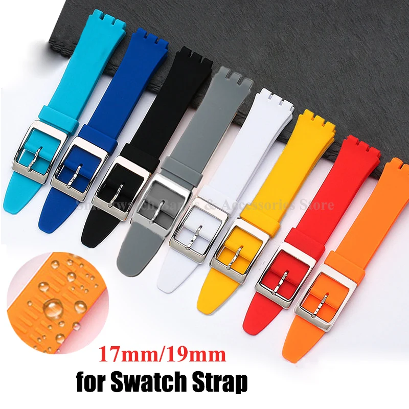 17mm 19mm pulseira de relógio de silicone para swatch pulseira de borracha à prova dwaterproof água pulseira de relógio prata pino fivela acessórios de relógio