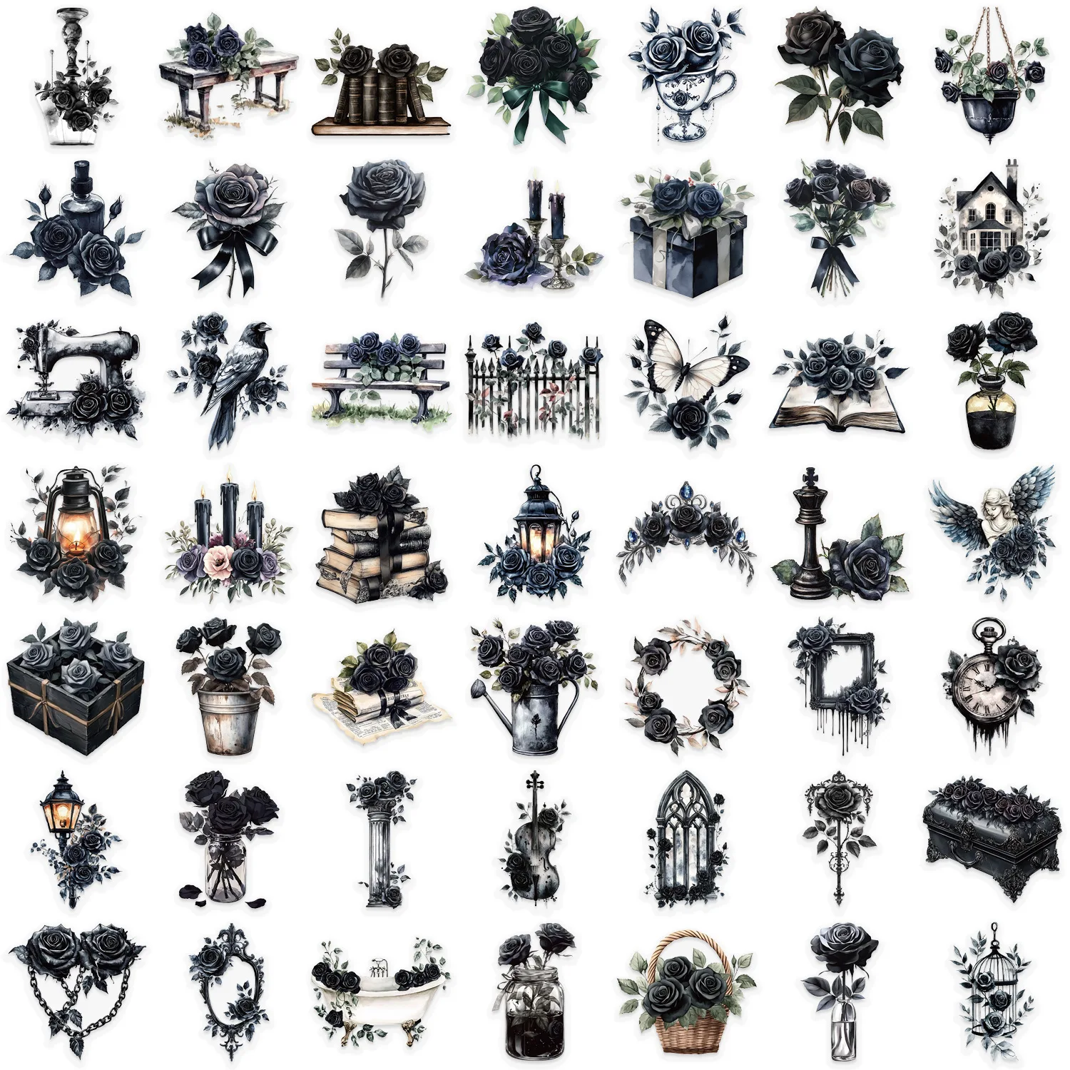 50 Uds. De pegatinas estéticas Retro de rosas, pegatinas transparentes de estilo oscuro, decoración de mesa de comedor DIY, maleta para refrigerador de guitarra