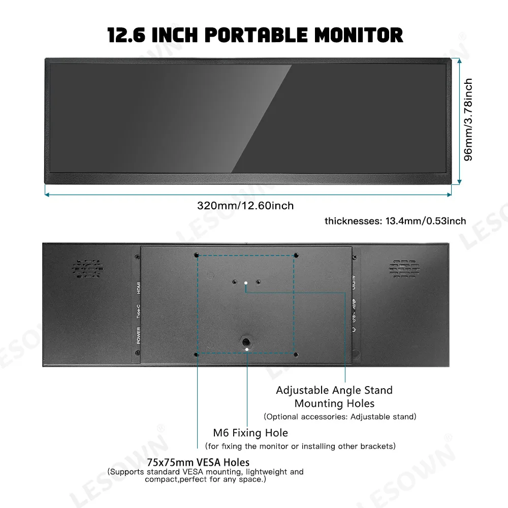 LESOWN 12.6 12.7inch 120Hz Secondary Screen FHD IPS Touch Monitor 2880x864 Stretched Bar LCD Display for Laptop Computer Windows