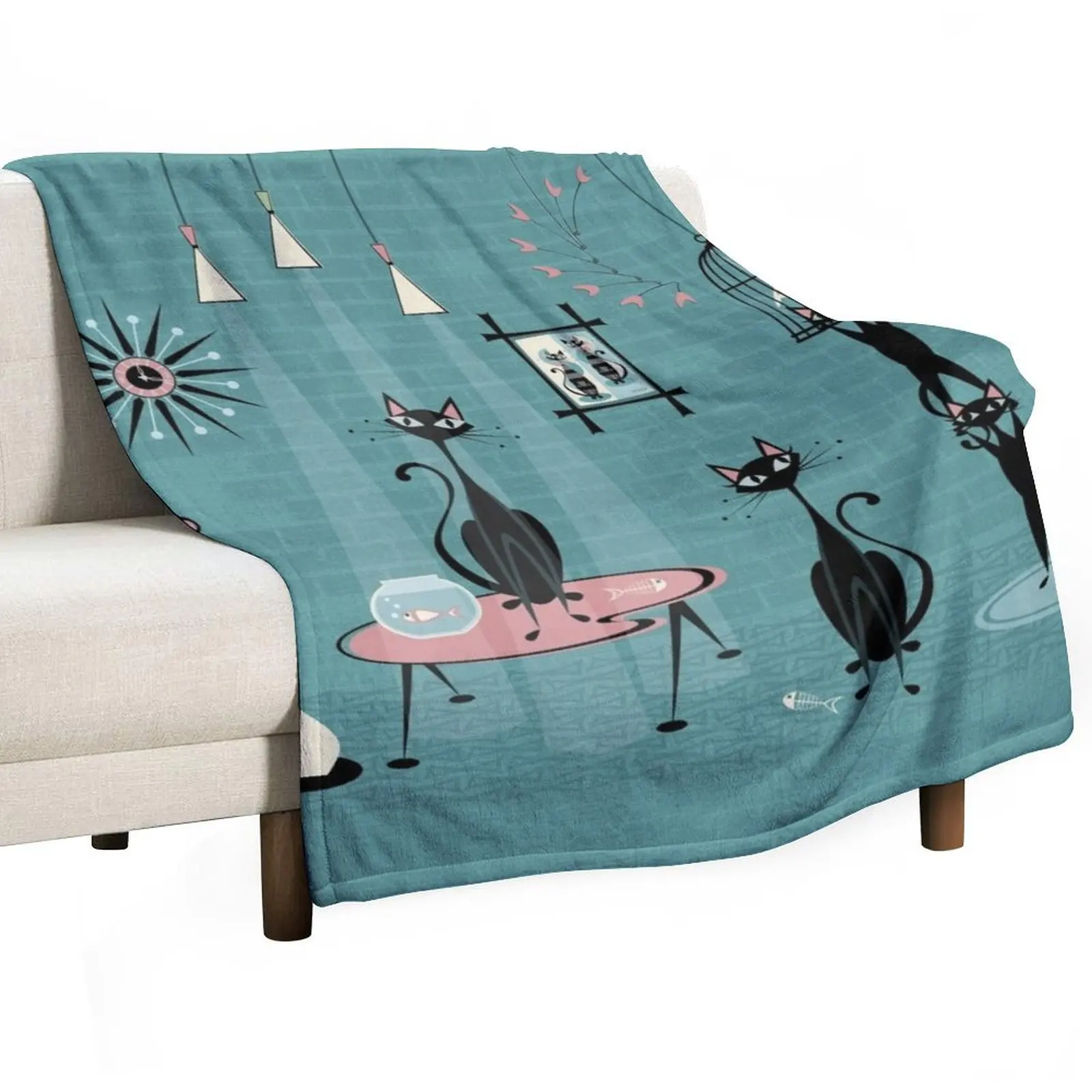 Mid Century Kitty Mischief III ?studioxtine Throw Blanket Cute Summer halloween Furry Vintage Soft Plush Plaid Blankets