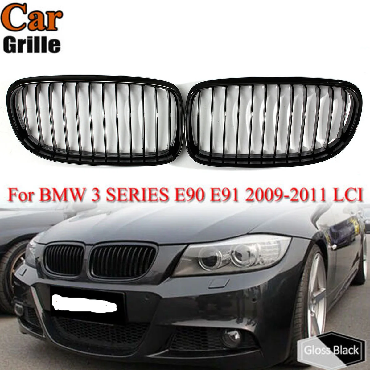 Kisi depan mobil hitam mengkilap, kisi pengganti ginjal untuk BMW 3 Series E90 E91 Sedan 2009 2010 2011 balap tudung kelopak mata