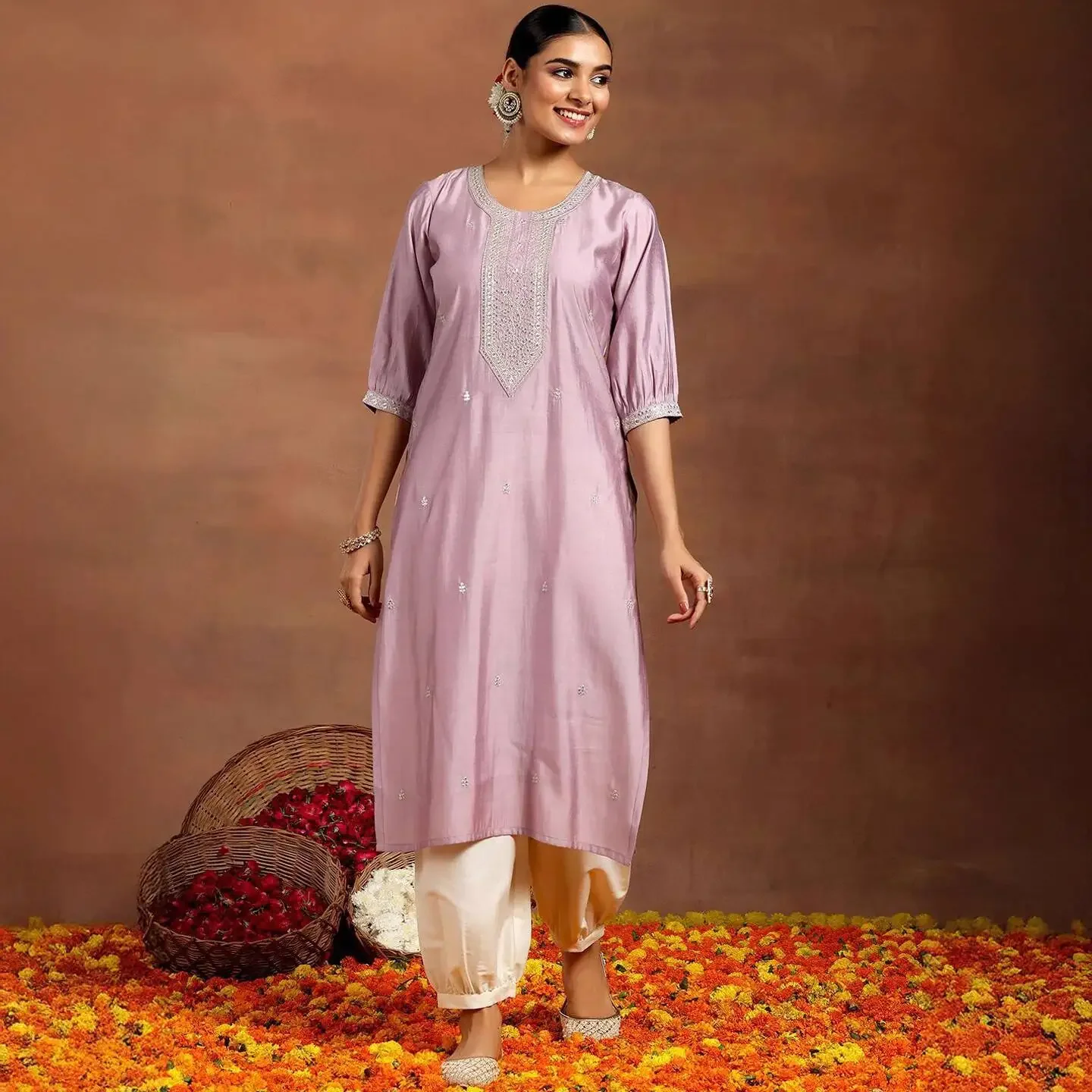 Indian Women's Clothing Unique Round Neck Loose Purple Exotic Style Cotton Blend Embroidered Spring Summer Mid-Length Top