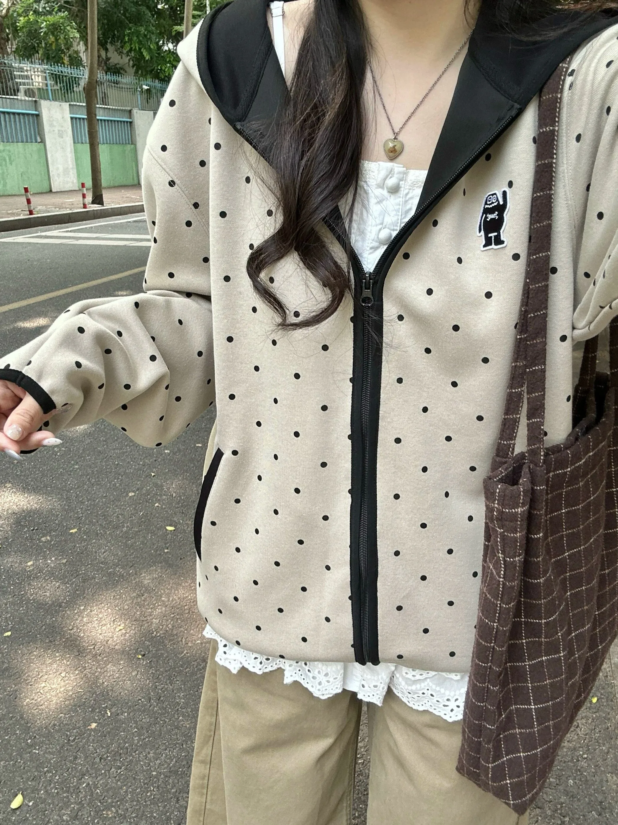 Ladies Oversized Hooded Embroidered Open Cardigan Sweatshirt Spring Autumn New Style Loose Black  Outerwear