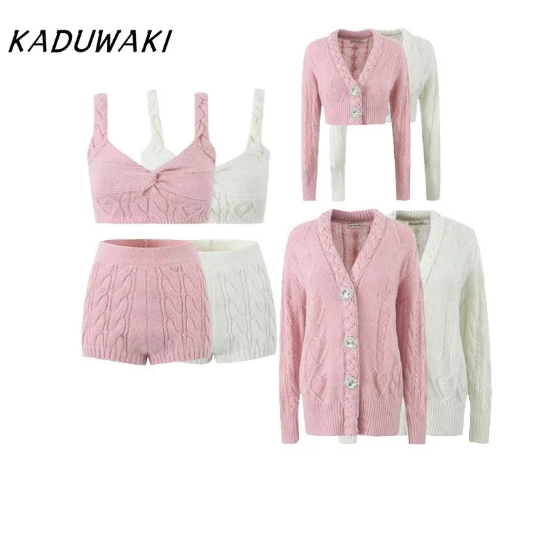 KADUWAKI E-girl Gothic Women Spring Fashion Sweet Twist Jacquard Knitted Cardigan Rhinestone Button Short Sweater Cute Outwear