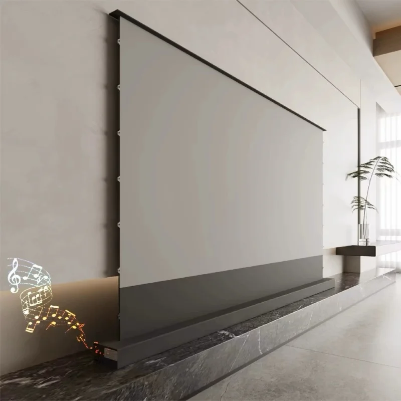 Layar Proyeksi Listrik Naik Lantai 100 ''-150'' Bahan Transparan Akustik Berlubang Anticahaya 4K HD Home Cinema