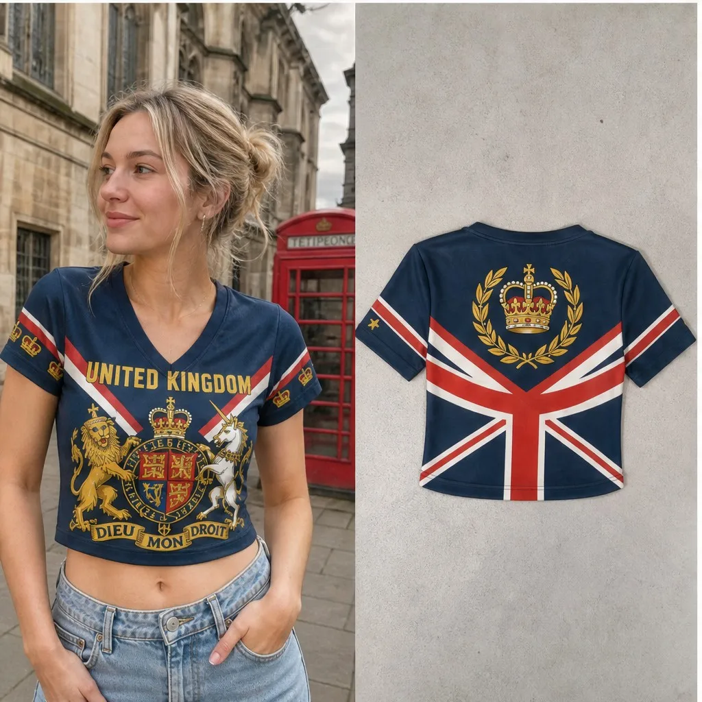 Women United Kingdom V Neck Crop Top Crown Crest Union Flag Print Short Sleeve Summer Casual Streetwear Fashion Tee for Day Wear