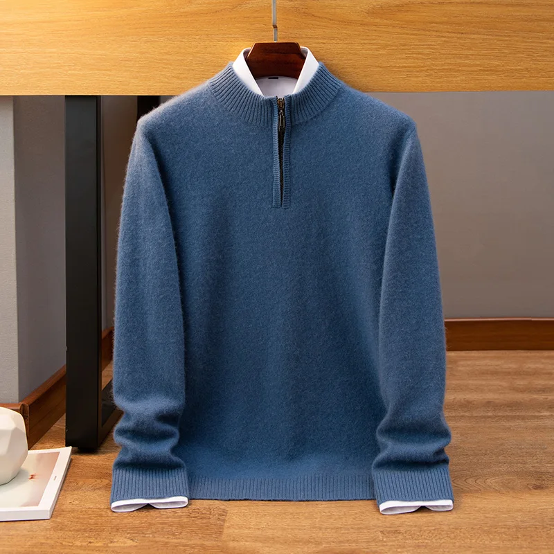 Half zipper autumn winter new 100% cashmere men's half turtleneck loose sweater slim warm knit solid color long sleeve top