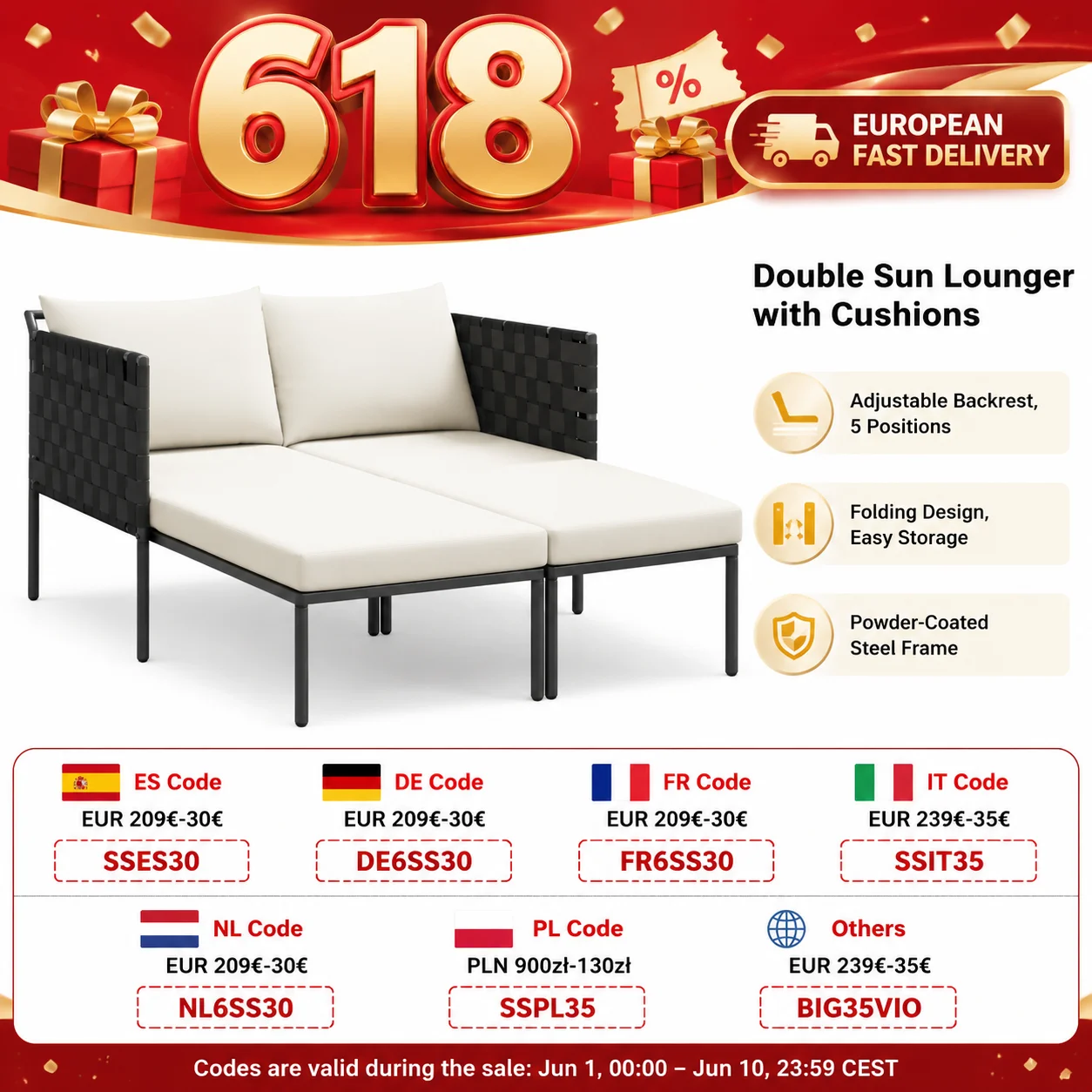 Chaise longue double avec coussins, 115x153x69,5 cm, structure en acier, chaise longue d'extérieur pour 2 personnes, dossier réglable, design pliable pour patio, balcon, relaxation au bord de la piscine