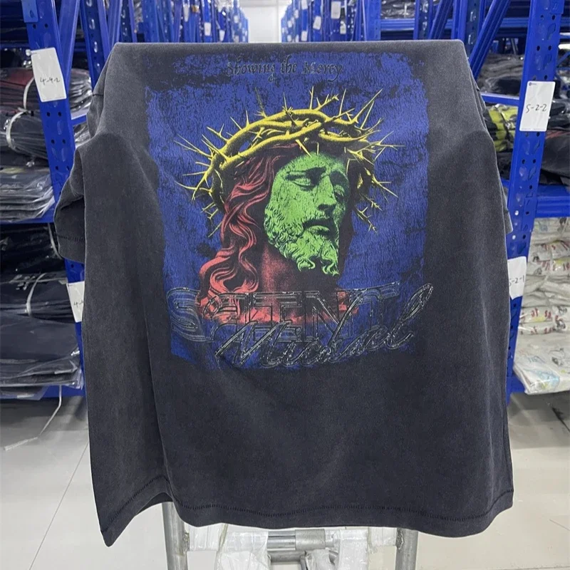 

25ss Jesus Crown of Thorns Saint Michael Black T Shirt Men Women Washed Oversized Shirts