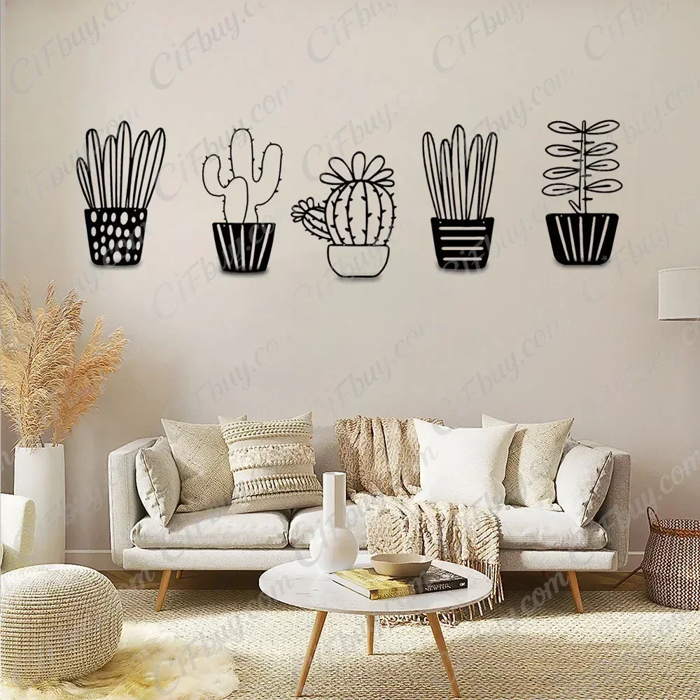 CIFBUY Cactus Metal Wall Art 5 Piece Set Iron Sculpture Rust Proof Succulent Plant Pot Theme Home Decor Hanging Ornament Gift