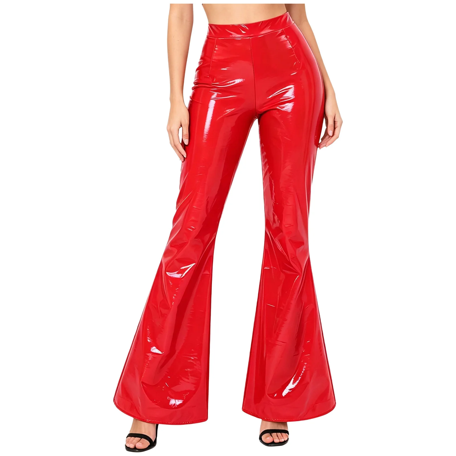 Womens Glossy PU Leather Y2K Flared Pants Wet Look Trousers Disco Costume  High Waist Back Ruched V-shaped Bell Bottom Long Pan