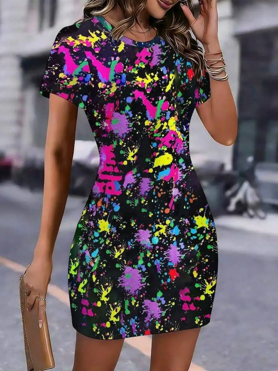 

Womens Bodycon Dress With 3D Splatter Print Crew Neck Short Sleeve