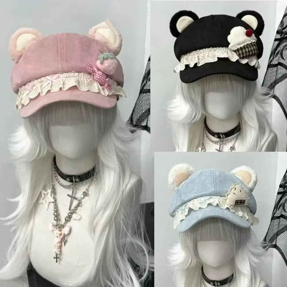 New 3D Cat Ears Beret Hat Lightweight Clothes Accessories Cake Cat Ears Cap Y2K Style Cat Ear Cap Strawberry Cake Decor