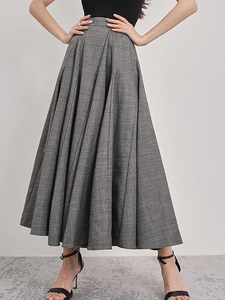 Gray Skirt For Women High Waist Fold Solid Color Loose Large Hem Long Skirts Female Trendy 2022 Spring Autumn B385