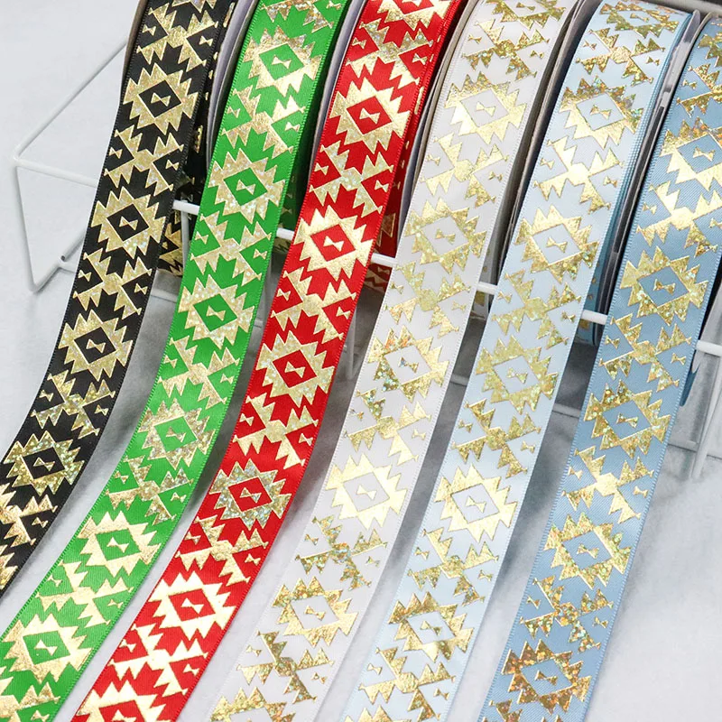 1'' 25mm Hologram Laser Gold Foil Triangular Diamond Geometric Figure Printed Satin Ribbon For Party Decoration DIY Sewing