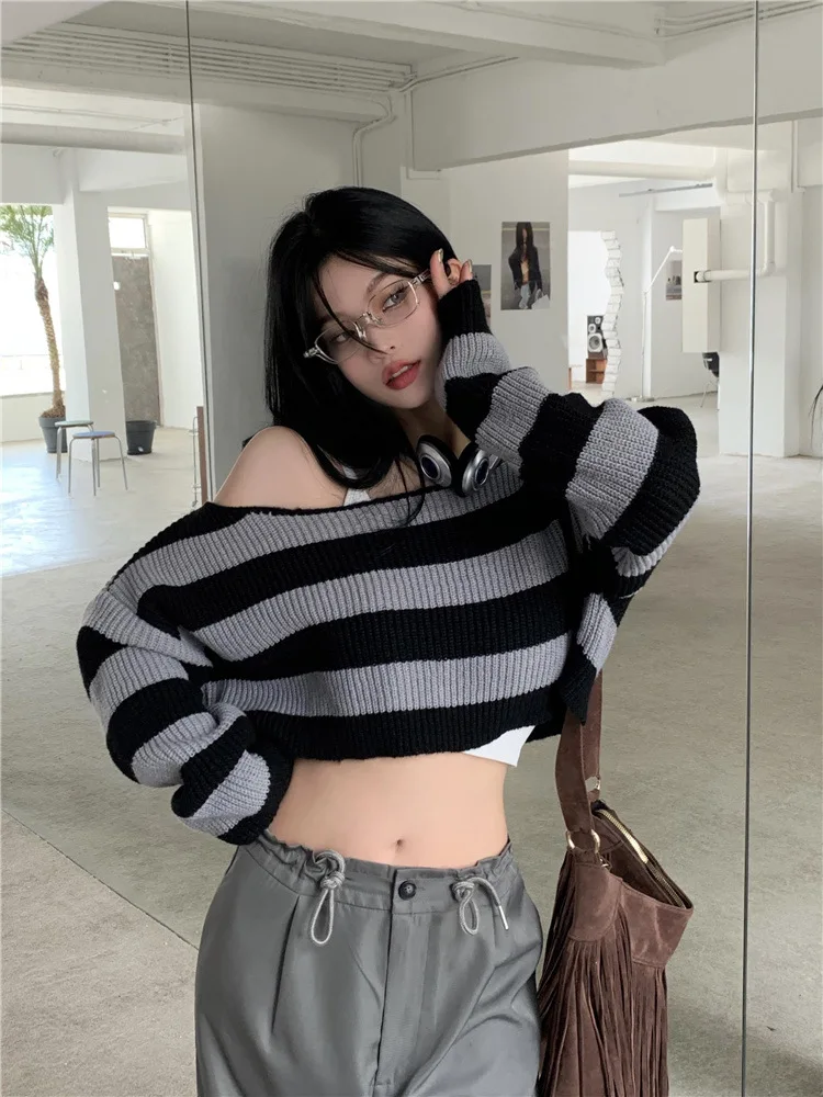 Long Sleeve Top Knitted Korean Fashion Striped Crop Sweaters Off The Shoulder Tops Cute Black Grey Striped Pullovers Knitwears