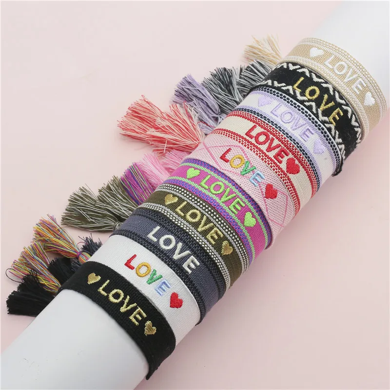 YEYULIN Ethnic Braided Fabric Bracelet for Women Men Love Hope Letter Charm Bracelets Handmade Adjustable Tassel Rope Jewelry