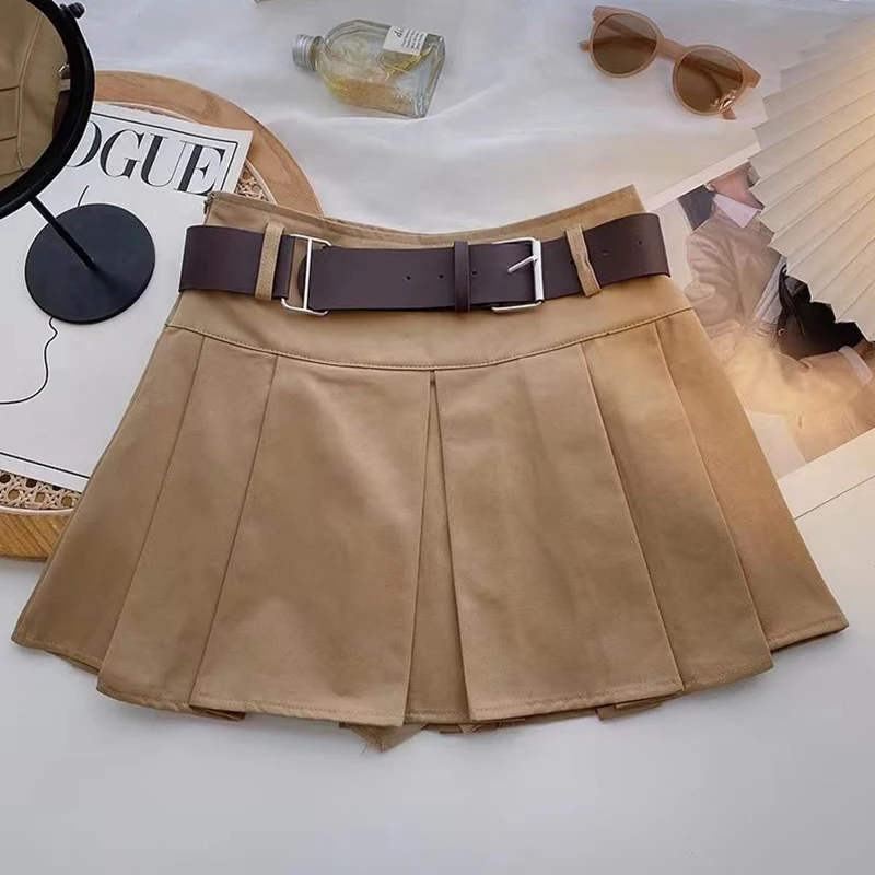 Solid Belt Mini Skirt Women Streetwear High Waist Black Pleated Skirts Preppy Korean Fashion Casual All Match A Line Skirt New