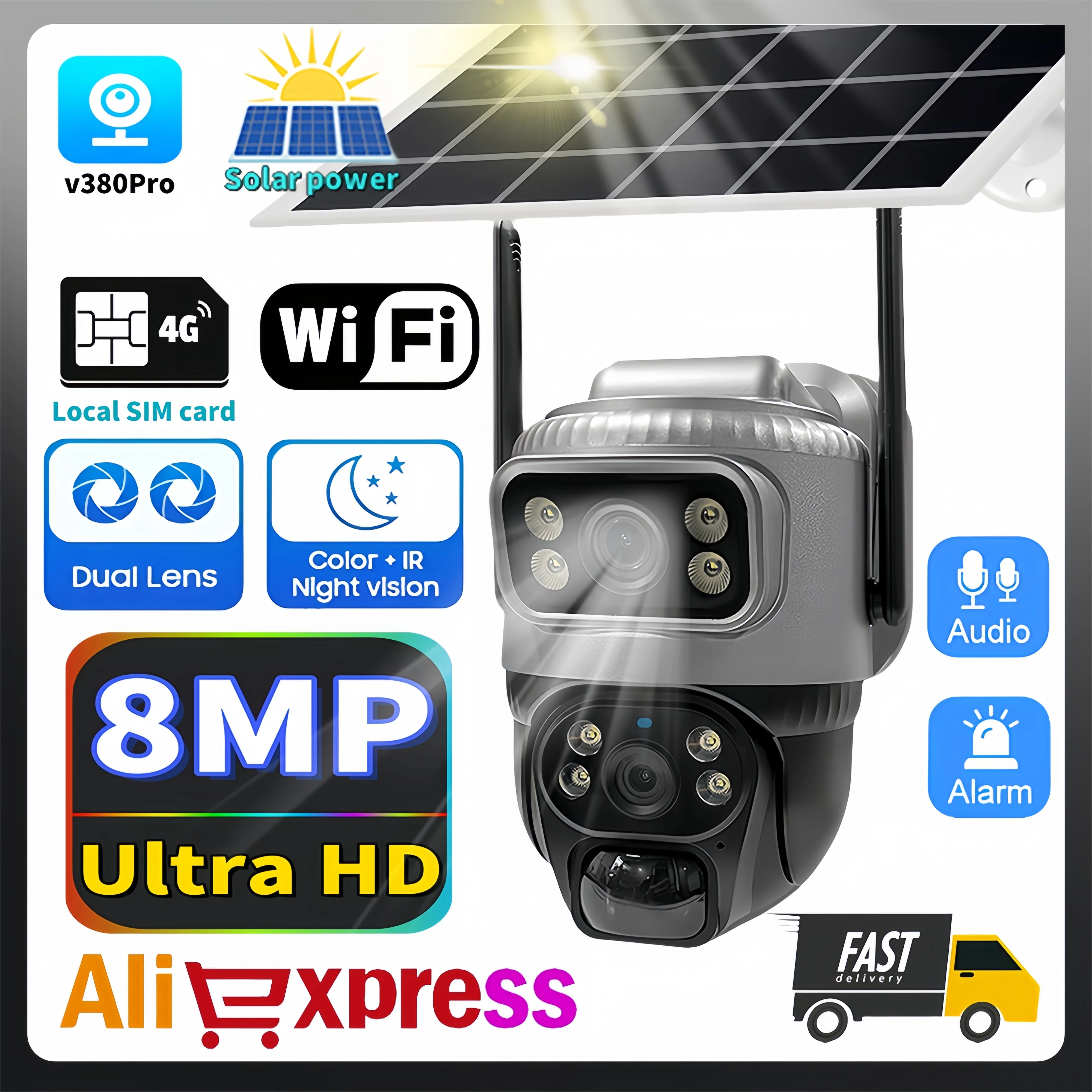 4K 야외 태양광 듀얼 렌즈 IP CCTV 카메라 – 4G SIM 및 와이파이 지원, PTZ 감시 기능, 홈 보안 및 HD 영상