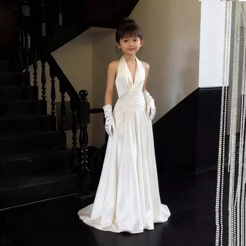 Children Girls White Model PerformancePiano Violin Evening Gown Pageant Party Formal Outfit Long Simple Dresses Costume Host