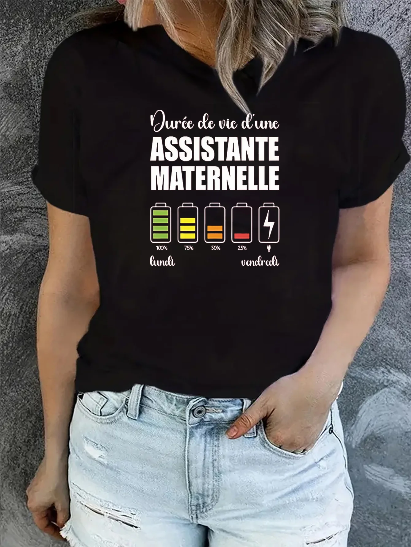Fun French-Style Women's Top That Reflects The Nanny's Battery Life Status Print T-shirt Casual Short Sleeve T Shirt Clothes Y2k