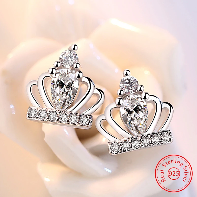 

Real 925 Sterling Silver Fashion Jewelry New Crystal Crown Stud Earrings For Women XY0273