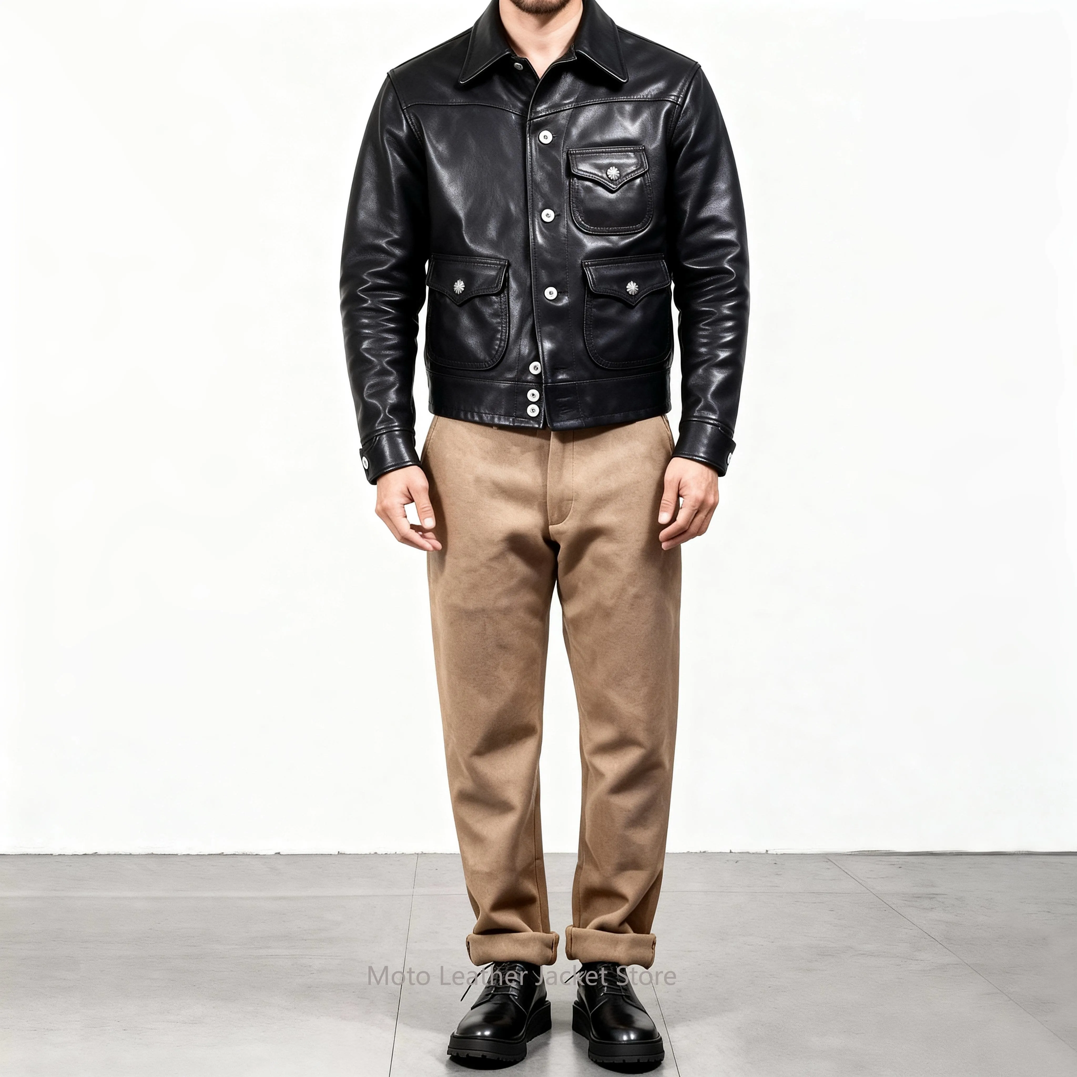1.3MM Soft Genuine Leather Jacket Men Heavy Washed Unfinished Full Vegetable Tanned Sheepskin 3-Pocket Farmer Coat