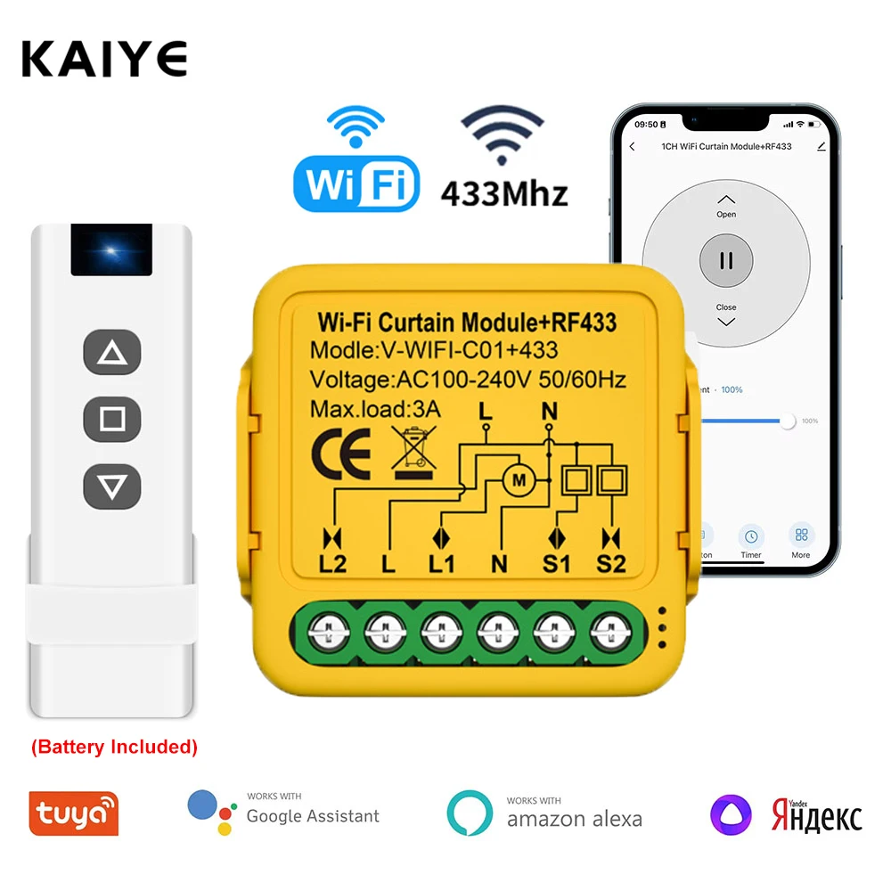 

Tuya Smart WiFi RF433 Curtain Switch Module for Electric Roller Shutter Blind Motor 1 Gang Works with Alexa Alice Google Home