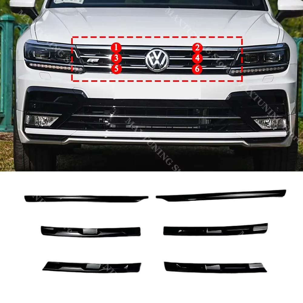 Voor Vw Tiguan MK2 R-Lijn 2017-2021 Voorbumper Koplamp Wenkbrauwen Center Grille Mistlamp Zwart Molding strips Stickers Trim