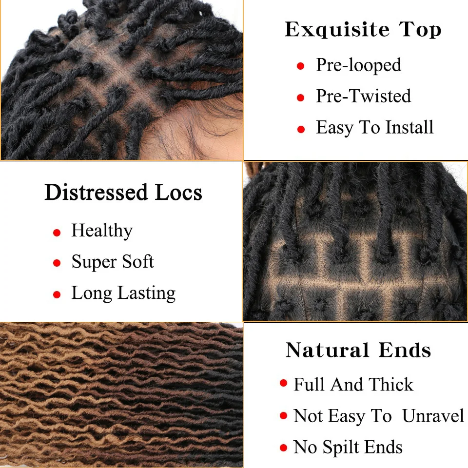 Parrucca piena in pizzo ondulato Gypsy Locs con i capelli del bambino 24 pollici parrucca sintetica marrone Ombre senza nodi morbida finta Locs parte quadrata parrucca Dreadlock