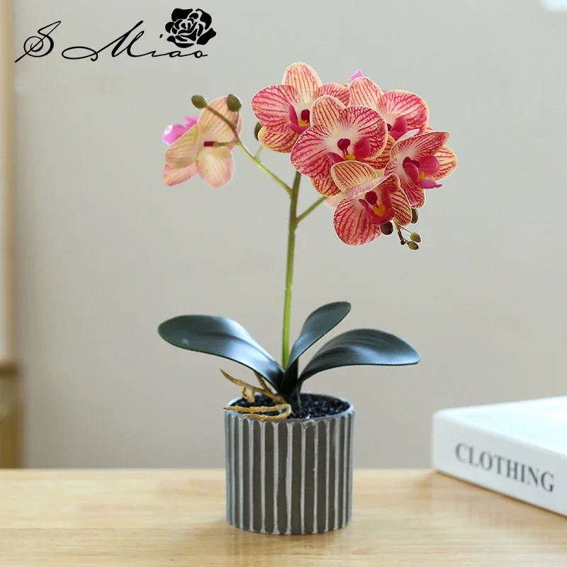 Artificial Phalaenopsis Potted Bonsai Fake Orchid with Leaf Potted Plant Wedding Flower Arrangement Props Home Interior Deccor