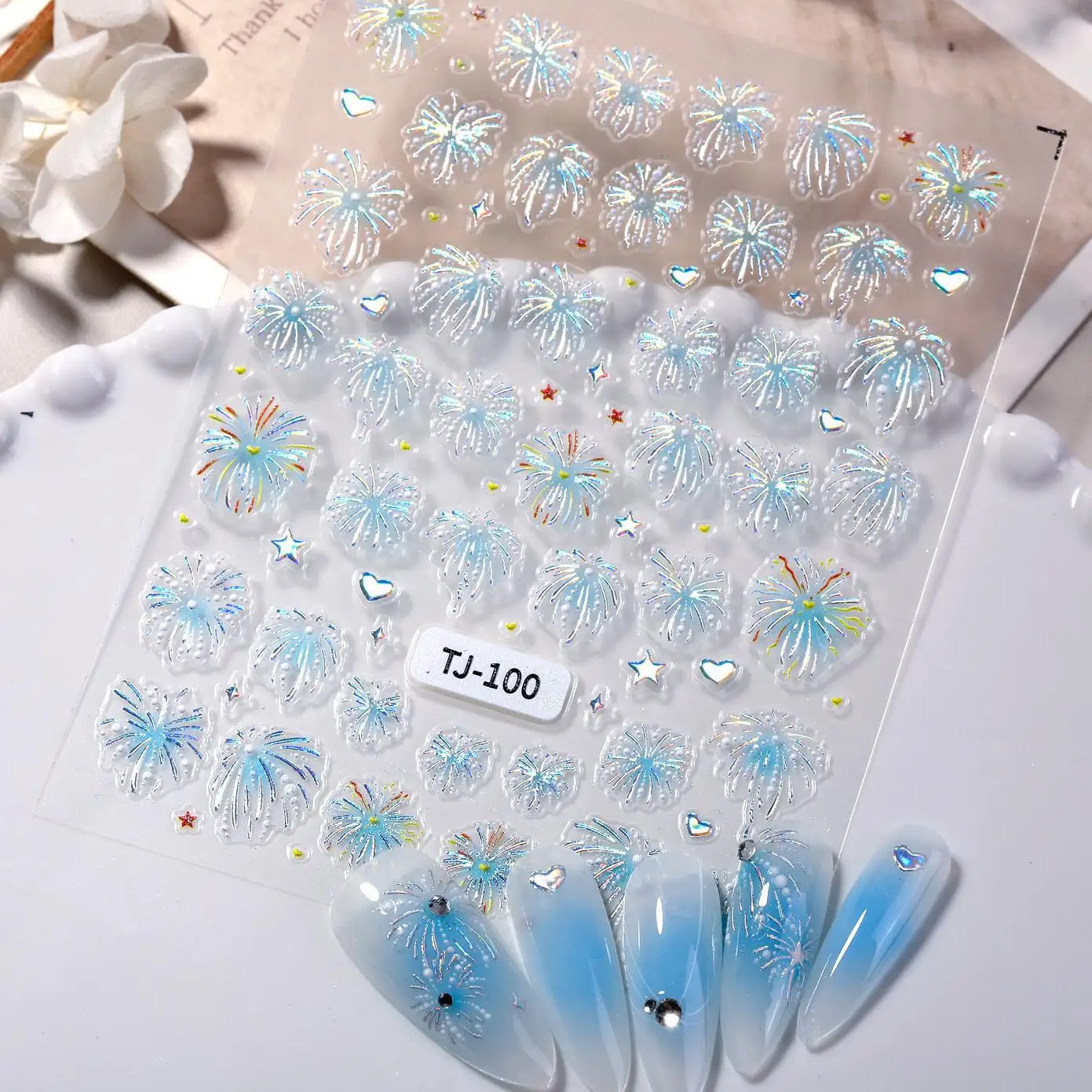 1 Set Atmospheric Firework Nail Stickers 3D Embossed New Year Fireworks Hearts Stars Waterproof DIY Nail Decor Ornaments