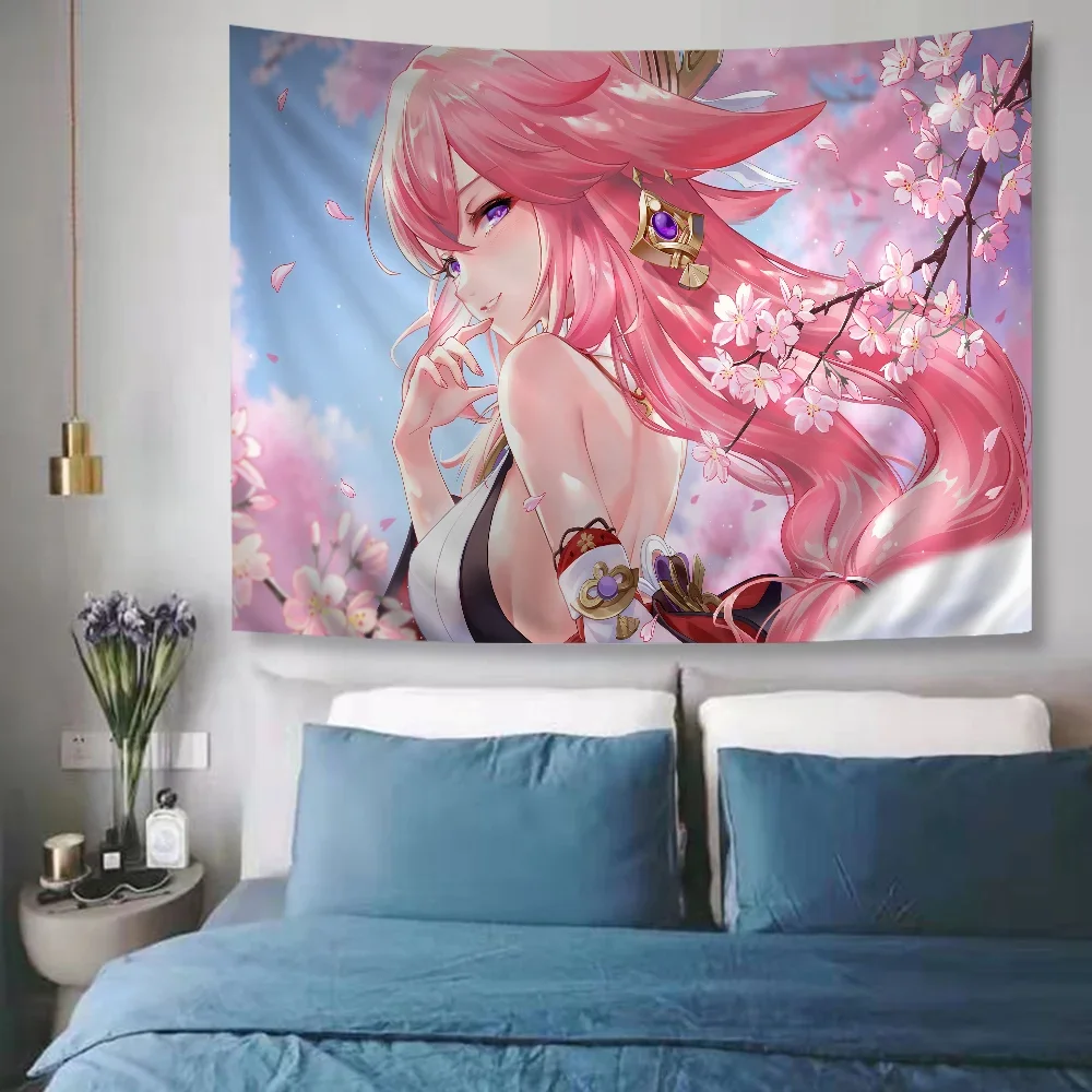 نسيج حائط Yae Miko DIY ، تأثير Genshin ، غرفة المعيشة ، المنزل ، ديكور النوم ، فن الجدار