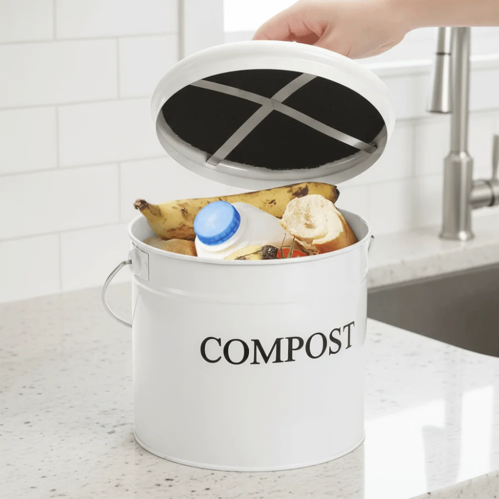 Odorless Kitchen Compost Bucket Large Capacity Activated Charcoal Filtration Food Waste Composting Bin Folding Handle with Lid