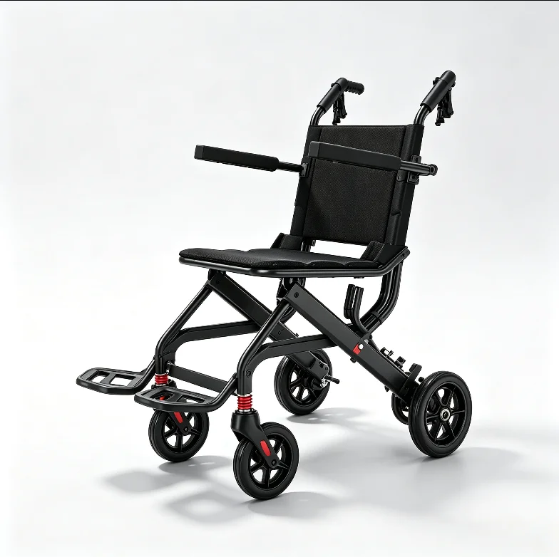 Folding Travel Wheelchair, Lightweight Portable Rehabilitation Chair with Shock-Absorbing Four Wheels for Elderly