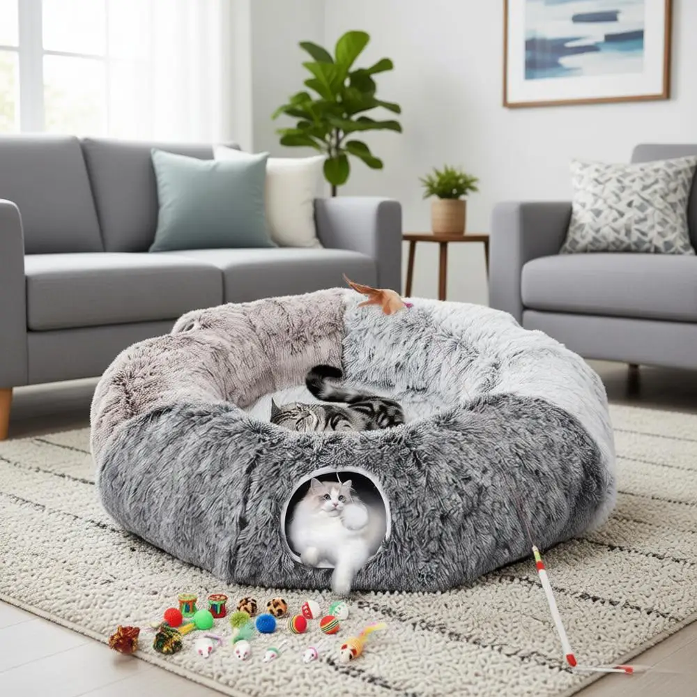 

Большие тоннели для кошек, пушистая теплая лежанка для кошек, съемные тоннели-пещеры с 20 игрушками для животных, тоннель-пончик, разнообразный набор игрушек для котят для жевания