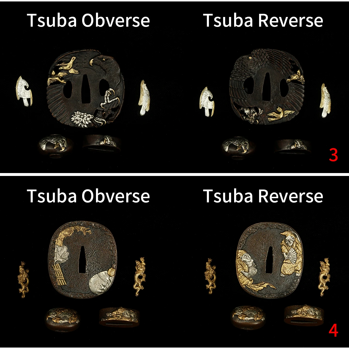 Vintage Oriental Craft Tsuba Fittings Set Gold Inlaid Relief Sword Guard For Samurai Katana Wakizashi DIY Decor Collection