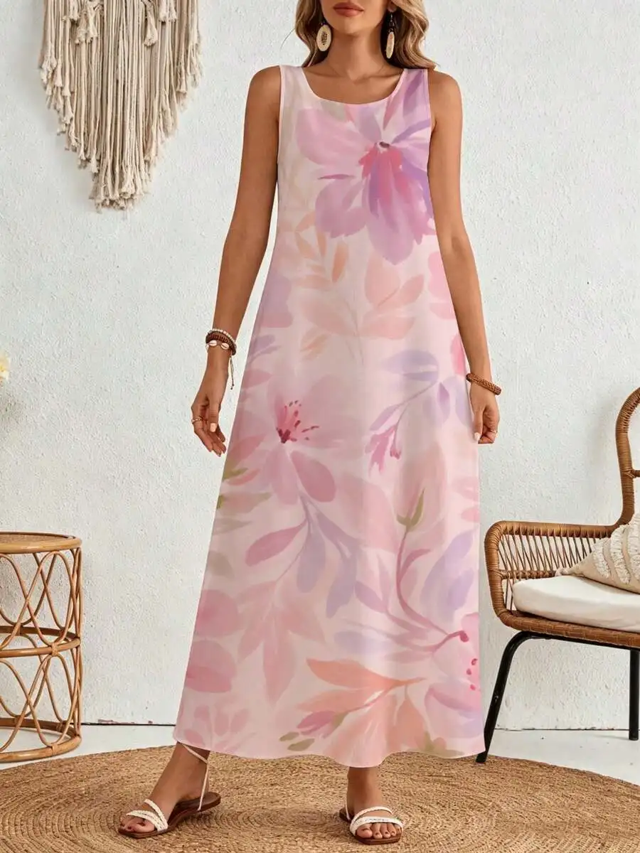 

Floral Maxi Dress Pink Watercolor Print Summer Beach Vacation Dress