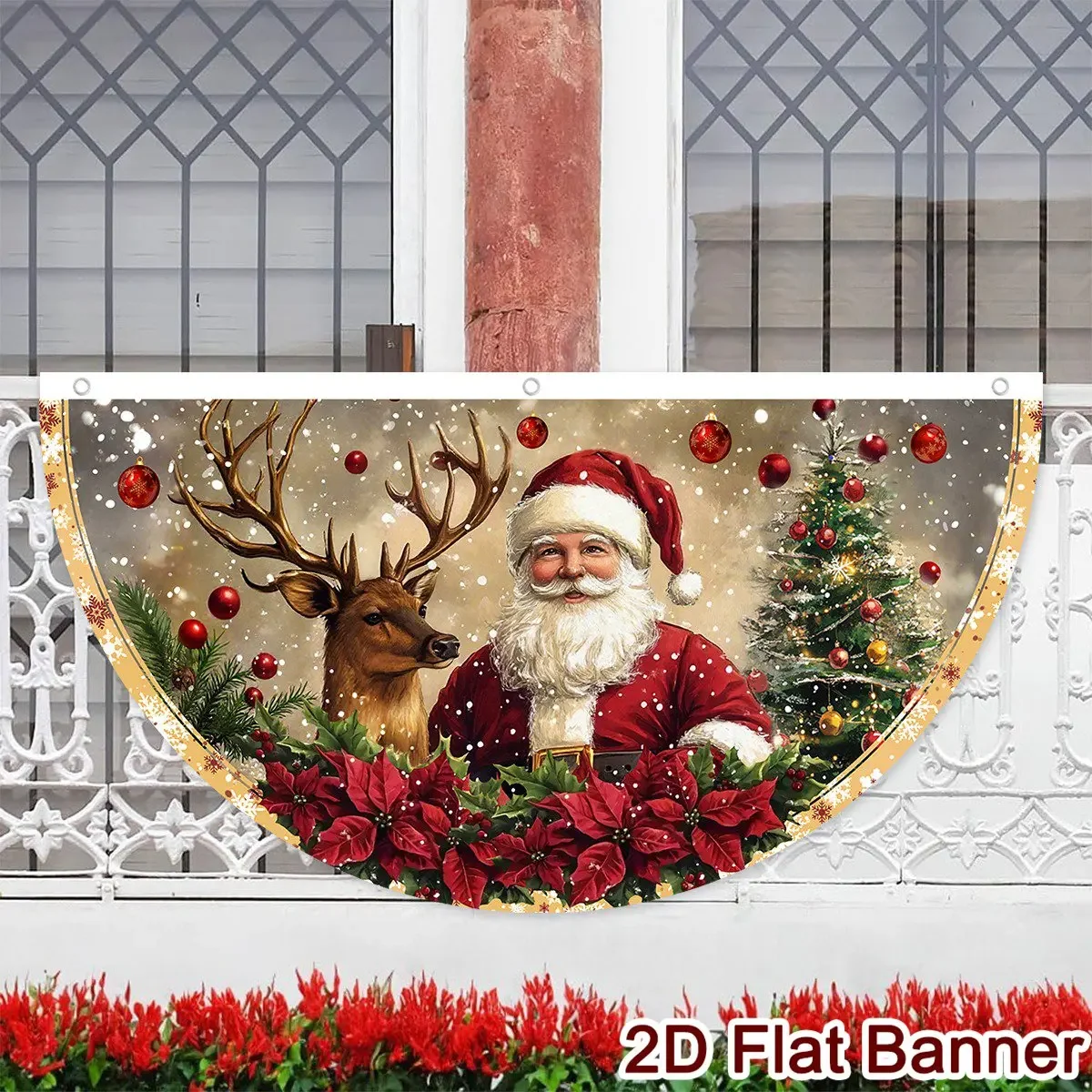 VIKAMA Retro-Weihnachtsfächerförmige Flagge für Innenhof und Balkon im Freien – Weihnachtsfeierdekoration 2025, 2026 Frohes Neues Jahr