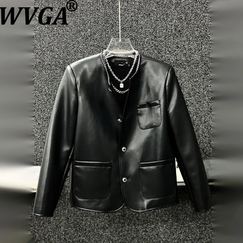 WVGA Autumn Winter New Men Tide Darkwear Collarless Trendy Leather Jacket Niche Chic Casual Straight Pants Two Pieces Set W16021